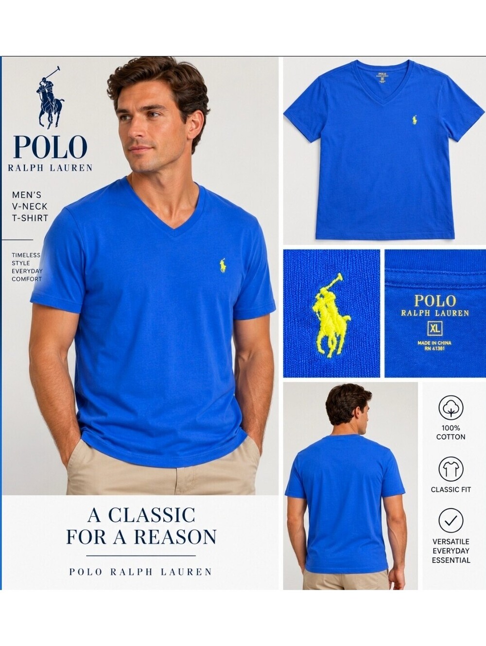 Polo Ralph Lauren Men’s XL Blue V-Neck T-Shirt Yellow Pony 100% Cotton